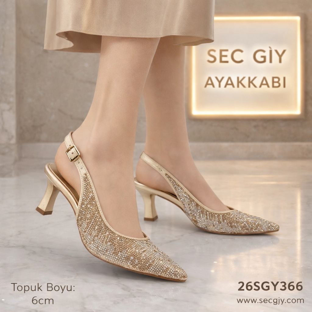 Altın Simli 6 cm Topuklu Slingback Kadın Ayakkabı – Taşlı Sivri Burun Abiye Model