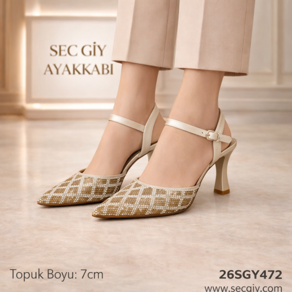 Bej Taş Desenli Sivri Burun 7 cm Topuklu Kadın Ayakkabı – Bilekten Bantlı Şık Model