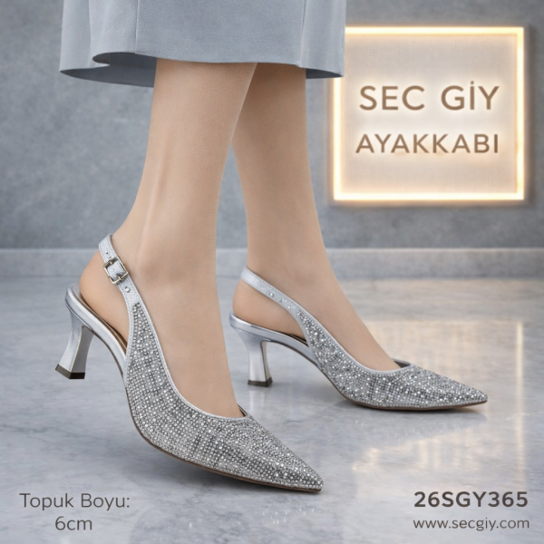 Gümüş Taşlı 6 cm Topuklu Slingback Kadın Ayakkabı – Simli Sivri Burun Abiye Model 26SGY365