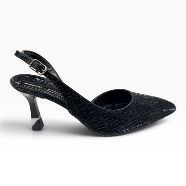 Siyah Parlak Desenli Sivri Burun Kadın Topuklu Ayakkabı – 8 cm İnce Topuk Slingback