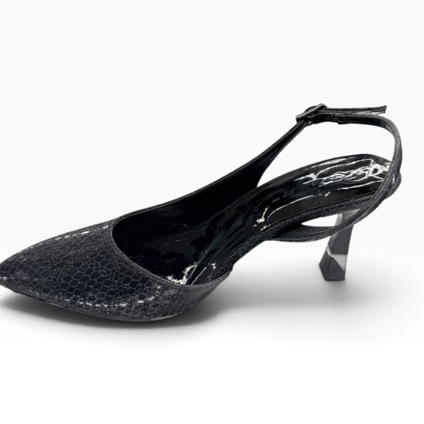 Siyah Parlak Desenli Sivri Burun Kadın Topuklu Ayakkabı – 8 cm İnce Topuk Slingback