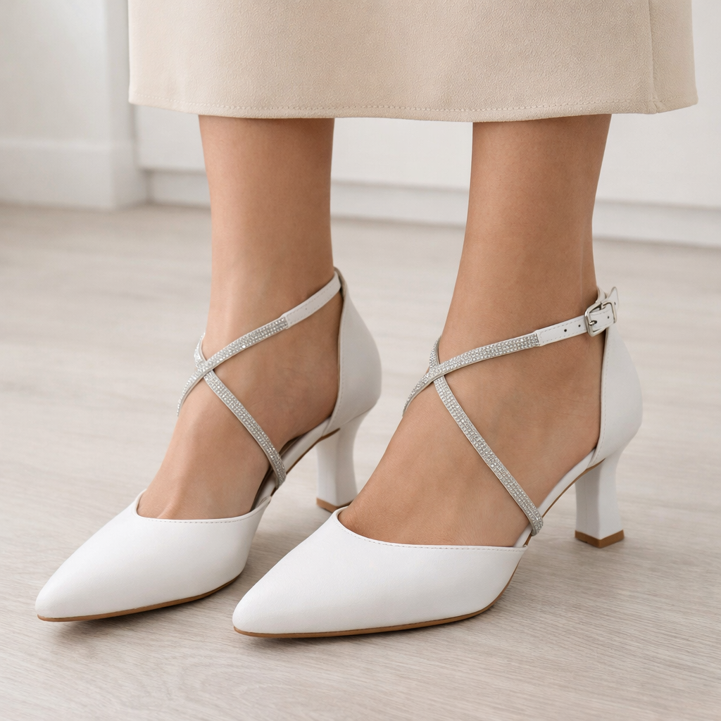 Beyaz Çapraz Kristal Bantlı Stiletto