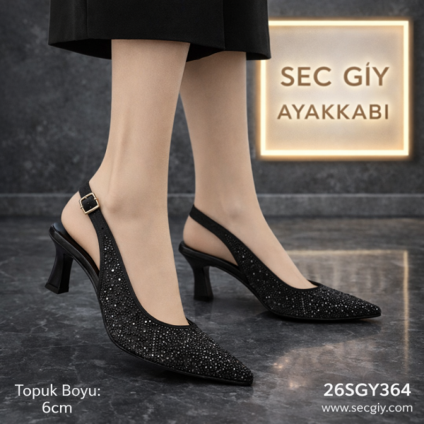 Siyah Taşlı 6 cm Topuklu Slingback Kadın Ayakkabı – Işıltılı Sivri Burun Abiye Model
