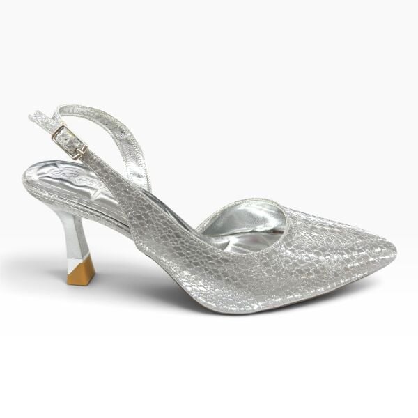 Gümüş Parlak Desenli Sivri Burun Kadın Topuklu Ayakkabı – 8 cm İnce Topuk Slingback