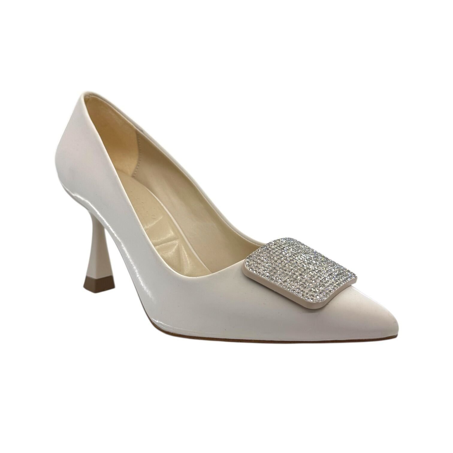 Taş Tokalı Rugan Topuklu Ayakkabı -Krem