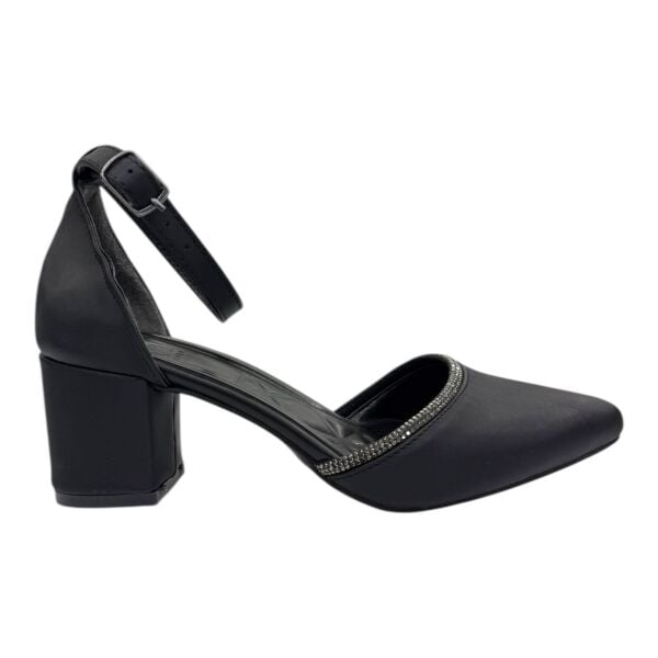 Siyah İnce Bantlı Taş Detaylı Alçak Topuk