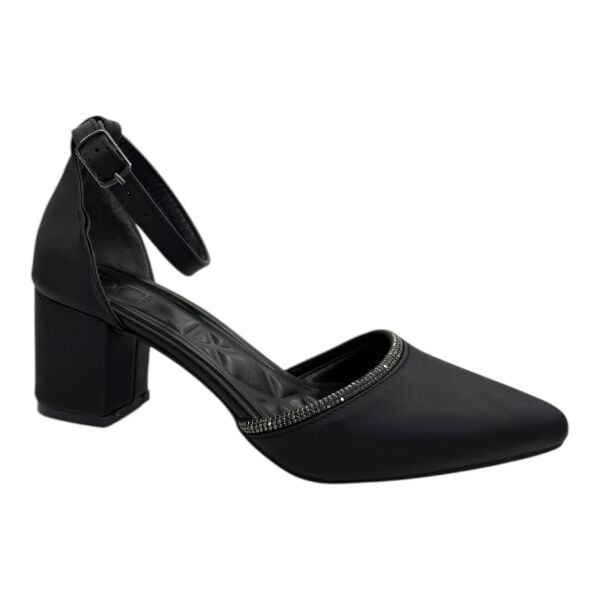 Siyah İnce Bantlı Taş Detaylı Alçak Topuk