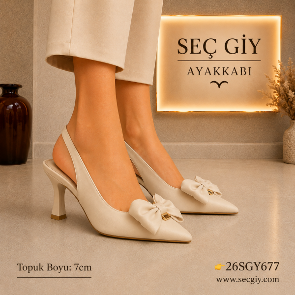 Krem Fiyonk Detaylı Sivri Burun Slingback Kadın Topuklu Ayakkabı 7CM