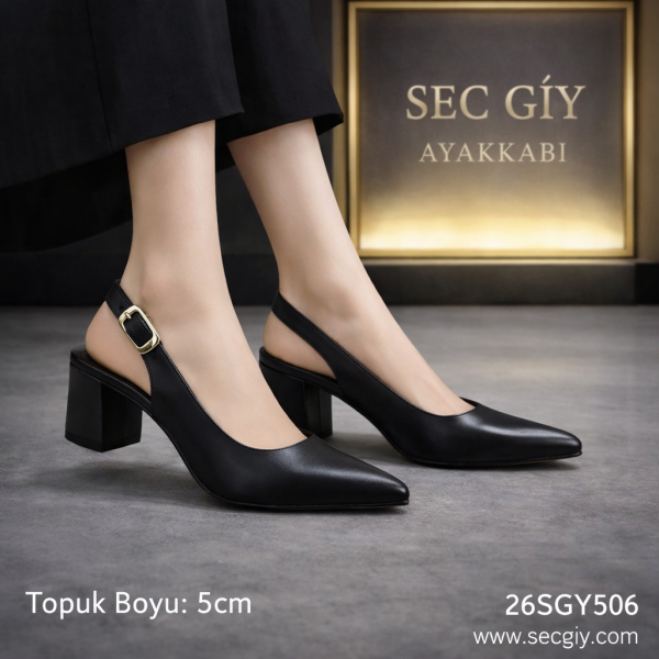Siyah Sivri Burun 5 cm Kalın Topuklu Kadın Slingback Ayakkabı – Şık ve Rahat Günlük & Ofis Modeli