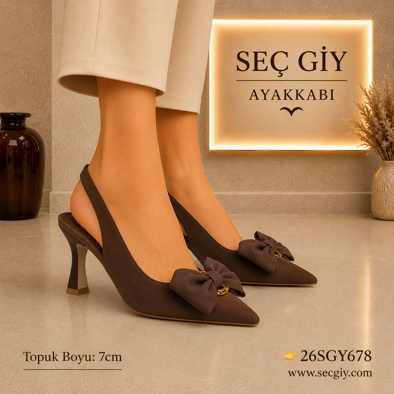 Kahve Fiyonk Detaylı Sivri Burun Slingback Kadın Topuklu Ayakkabı 7CM