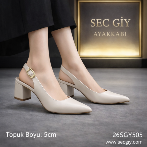 Açık Bej Sivri Burun 5 cm Kalın Topuklu Kadın Slingback Ayakkabı – Şık ve Rahat Günlük Ofis Modeli