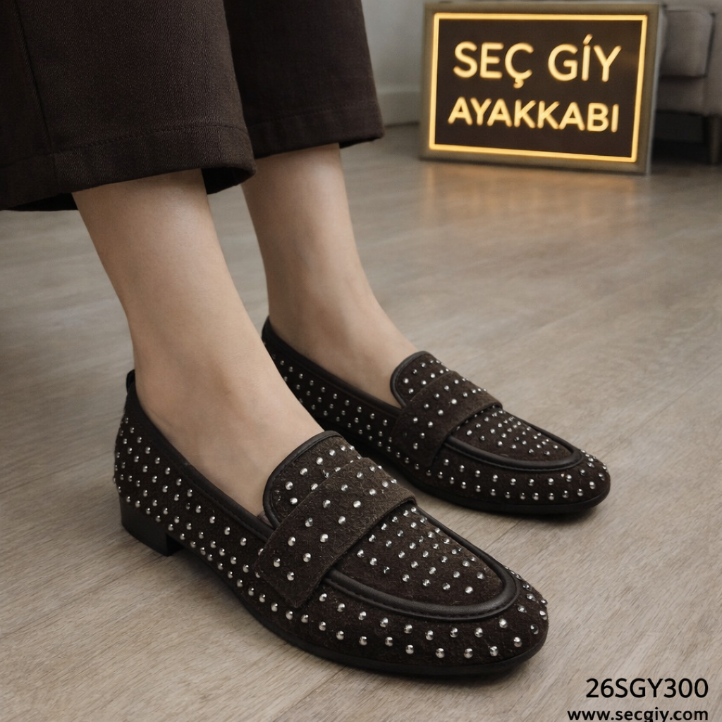 Kahverengi Taşlı Kadın Loafer Ayakkabı – Günlük Şık Düz Taban Model