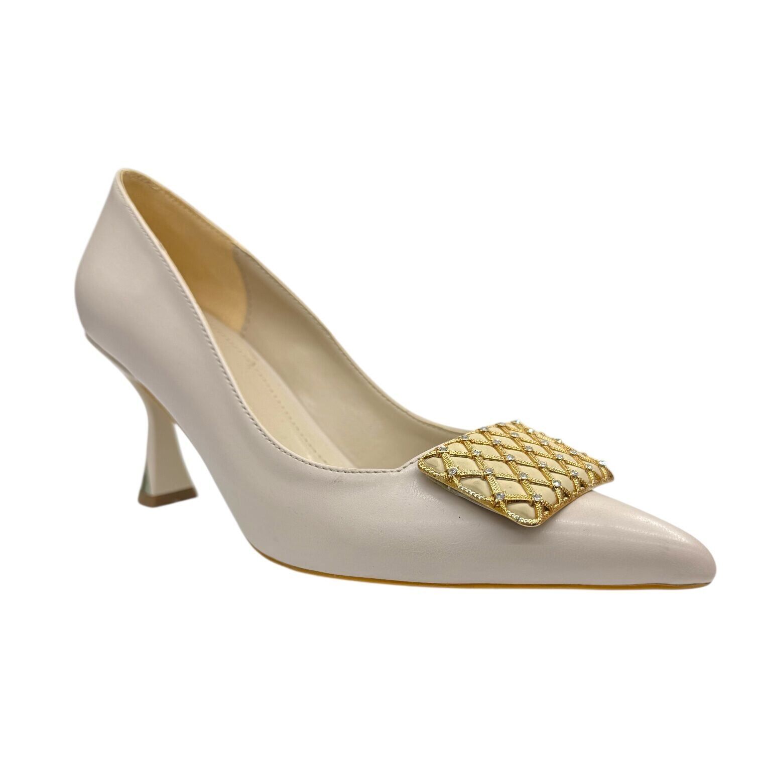 Altın Tokalı Krem Topuklu Ayakkabı