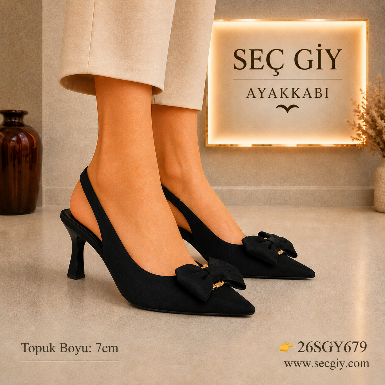 Siyah Fiyonk Detaylı Sivri Burun Slingback Kadın Topuklu Ayakkabı 7CM