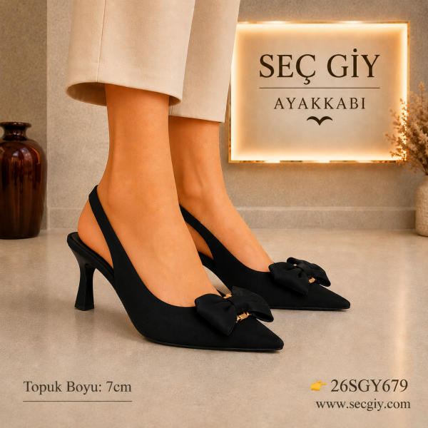 Siyah Fiyonk Detaylı Sivri Burun Slingback Kadın Topuklu Ayakkabı 7CM