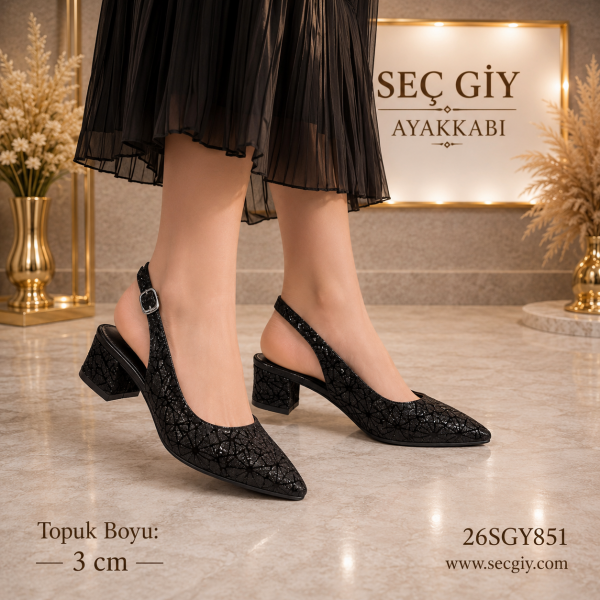 Siyah Desenli Slingback Kadın Topuklu Ayakkabı