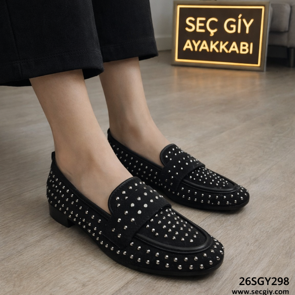 Siyah Taşlı Kadın Loafer Ayakkabı – Günlük Şık Düz Taban Model