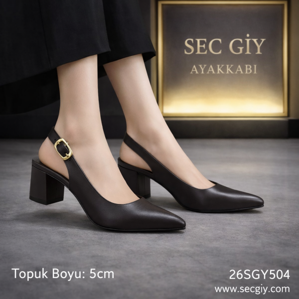 Koyu Kahverengi Sivri Burun 5 cm Kalın Topuklu Kadın Slingback Ayakkabı – Klasik ve Şık Ofis Modeli