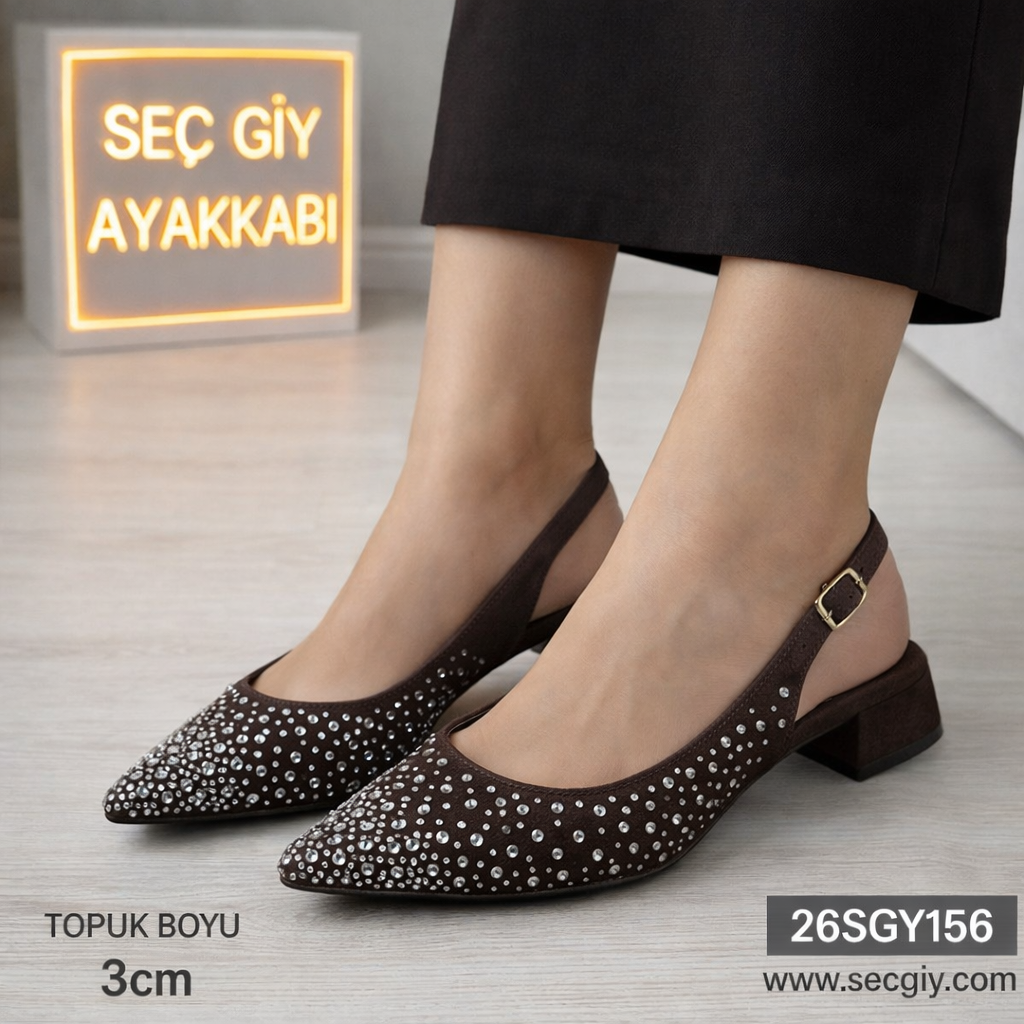 Kahverengi Taş Detaylı Arkası Açık Bayan Ayakkabı – 3 cm Topuklu Sivri Burun Model