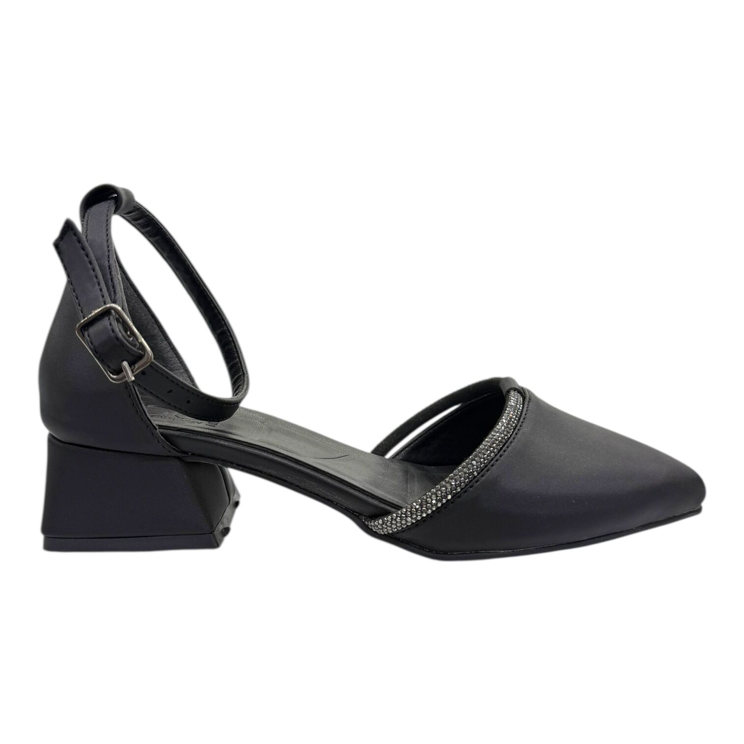 Siyah İnce Taş Bantlı Alçak Topuk