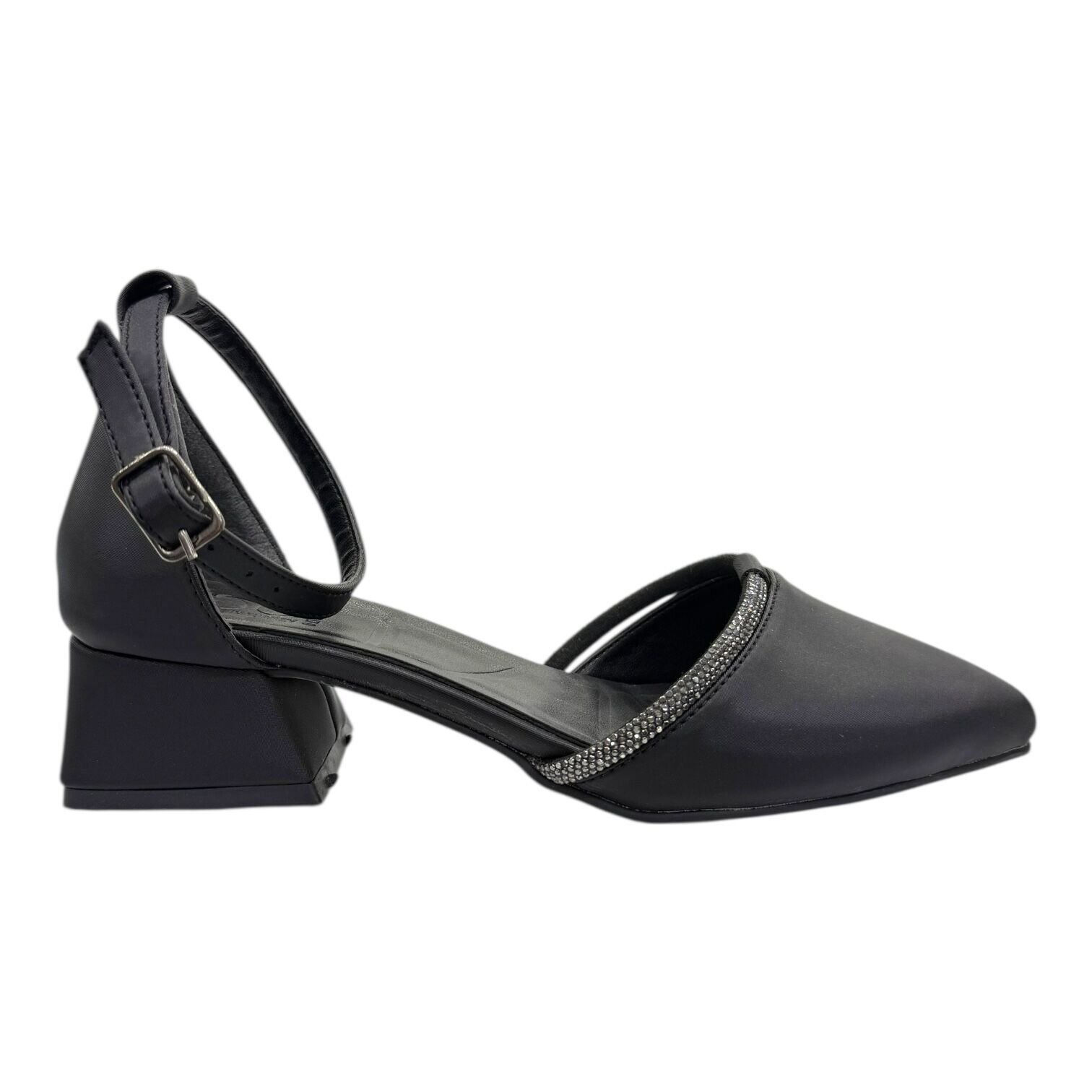 Siyah İnce Taş Bantlı Alçak Topuk