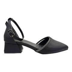 Siyah İnce Taş Bantlı Alçak Topuk