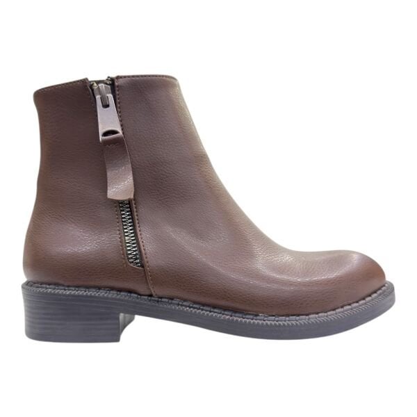 Kahverengi Fermuarlı Alçak Topuklu Bilek Boy Bot, Yuvarlak Burun