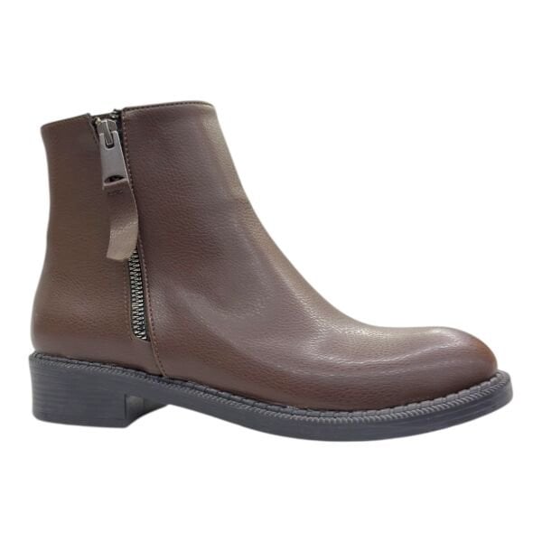 Kahverengi Fermuarlı Alçak Topuklu Bilek Boy Bot, Yuvarlak Burun