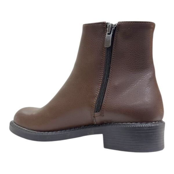 Kahverengi Fermuarlı Alçak Topuklu Bilek Boy Bot, Yuvarlak Burun