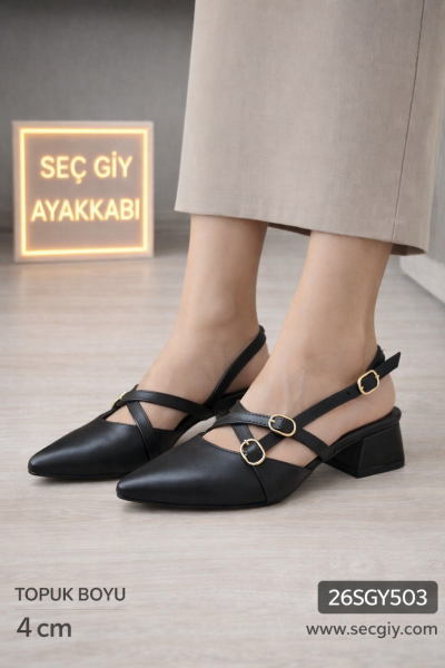 Siyah Çift Bantlı Sivri Burun 5 cm Kalın Topuklu Kadın Slingback Ayakkabı – Tokalı Şık Ofis Modeli