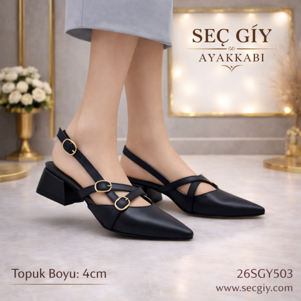 Siyah Çift Bantlı Sivri Burun 5 cm Kalın Topuklu Kadın Slingback Ayakkabı – Tokalı Şık Ofis Modeli