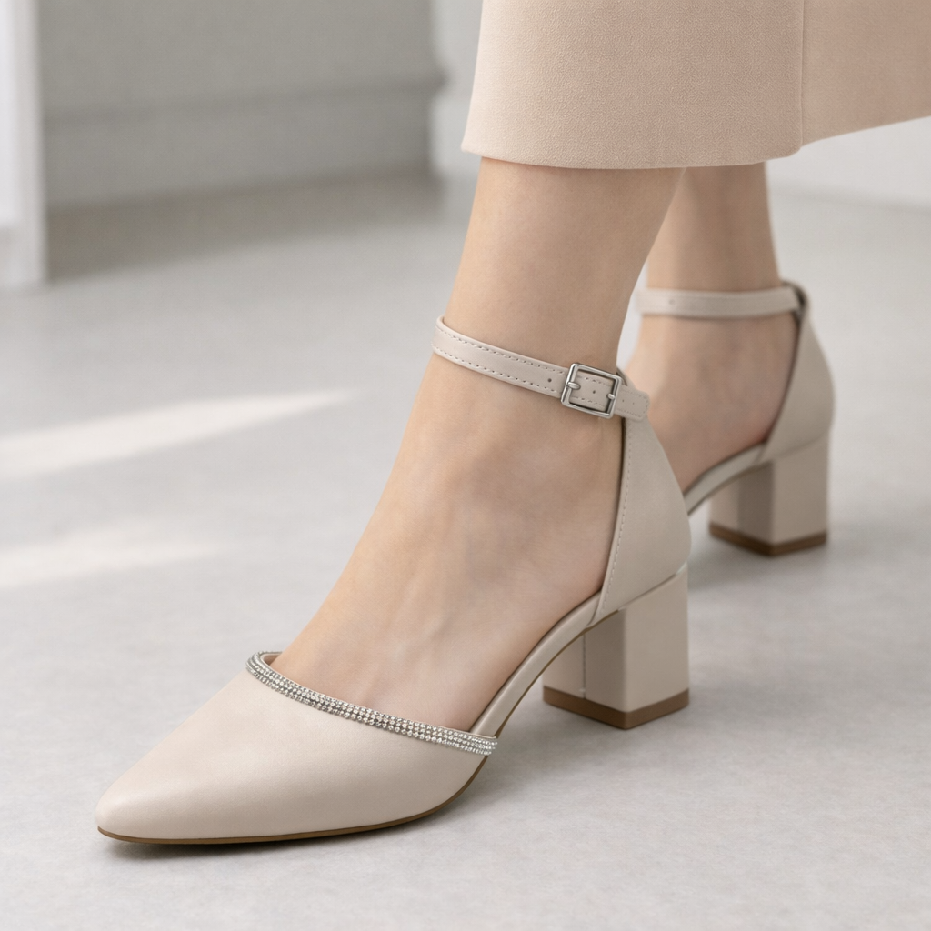 Krem İnce Taş Bantlı Alçak Topuk