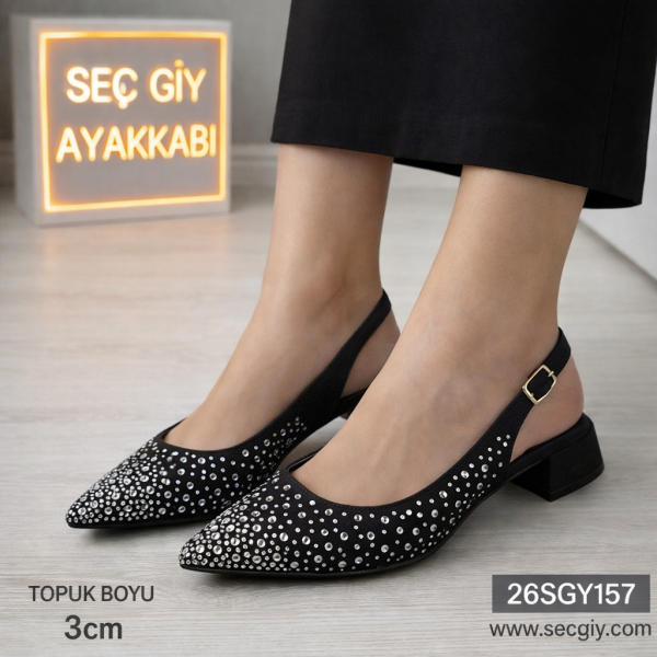 Siyah Taş Detaylı Arkası Açık Bayan Ayakkabı – 3 cm Topuklu Sivri Burun Model