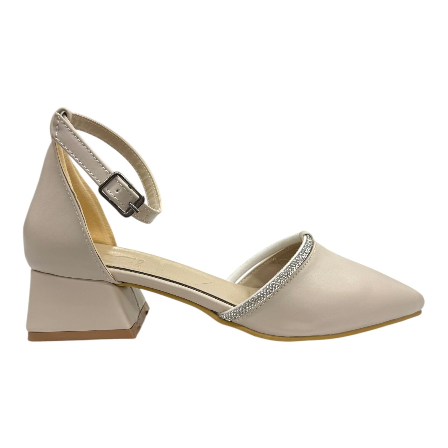 Krem İnce Taş Bantlı Alçak Topuk