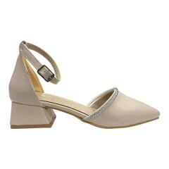 Krem İnce Taş Bantlı Alçak Topuk