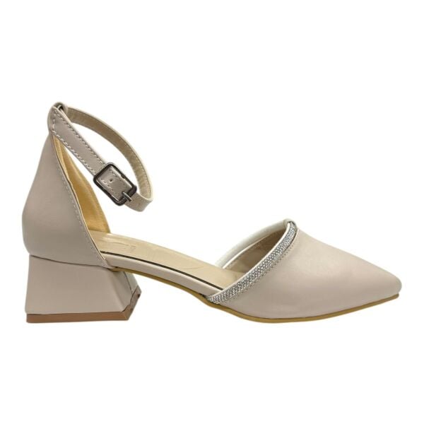 Krem İnce Taş Bantlı Alçak Topuk