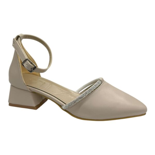 Krem İnce Taş Bantlı Alçak Topuk