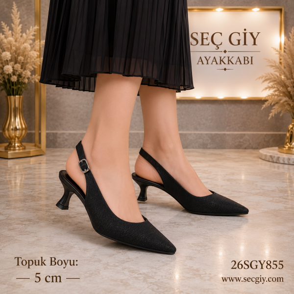 Siyah Slingback Kadın Topuklu Ayakkabı 5 cm