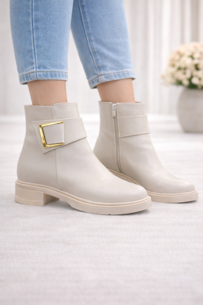 Bej Gold Tokalı Alçak Topuklu Bilek Boy Bot, Yuvarlak Burun