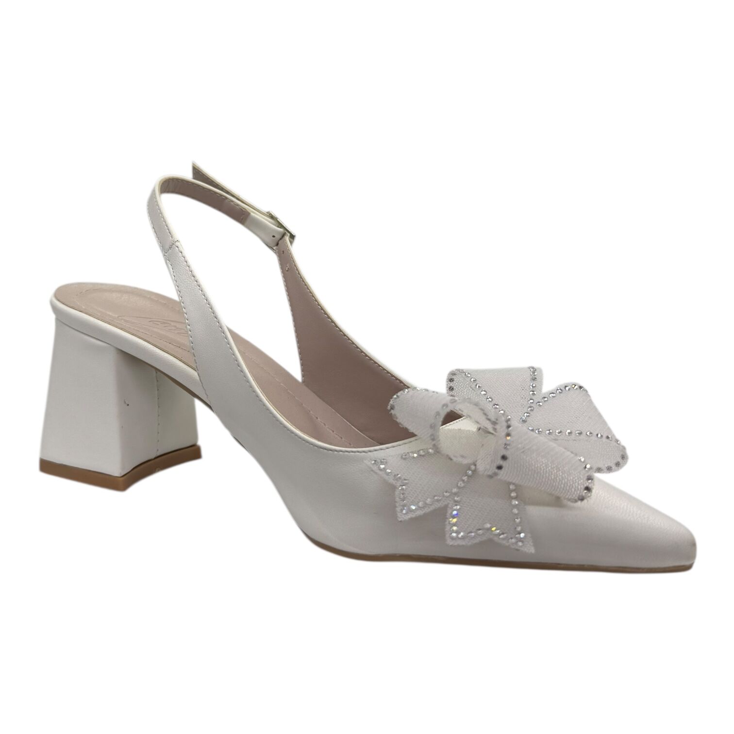 Beyaz Fiyonk Taş Detaylı Kalın Topuk Ayakkabı