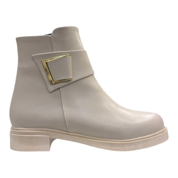 Bej Gold Tokalı Alçak Topuklu Bilek Boy Bot, Yuvarlak Burun