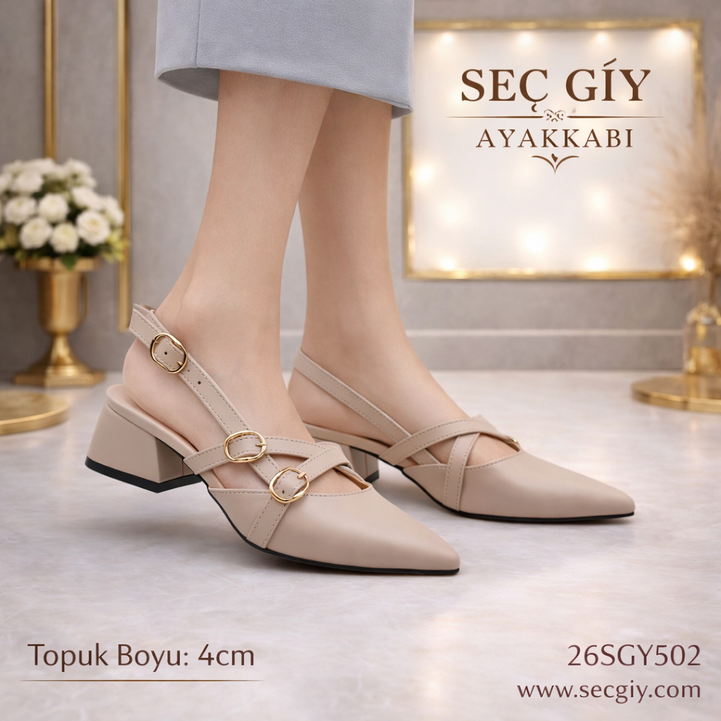 Açık Bej Çift Bantlı Sivri Burun 5 cm Kalın Topuklu Kadın Slingback Ayakkabı – Tokalı Şık Ofis Modeli