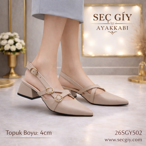 Açık Bej Çift Bantlı Sivri Burun 5 cm Kalın Topuklu Kadın Slingback Ayakkabı – Tokalı Şık Ofis Modeli