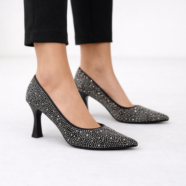 Tam Taşlı Siyah Abiye Topuklu Ayakkabı