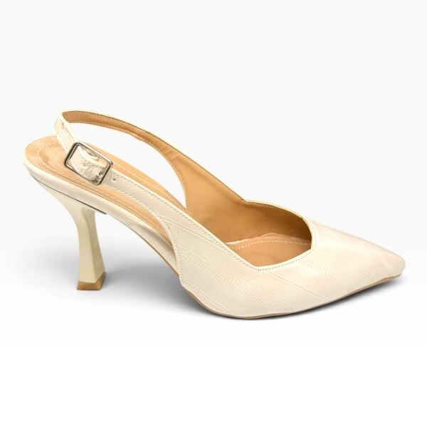 Ekru Desenli Sivri Burun Kadın Topuklu Ayakkabı – 8 cm İnce Topuk Slingback