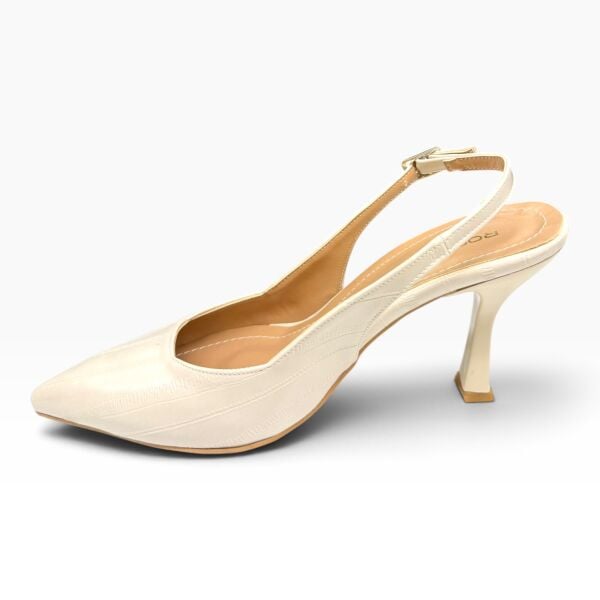 Ekru Desenli Sivri Burun Kadın Topuklu Ayakkabı – 8 cm İnce Topuk Slingback