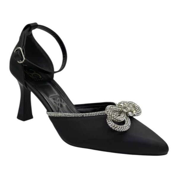 Zarif Siyah İnce Topuklu Kristal Fiyonklu