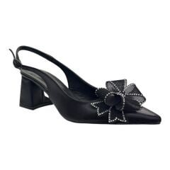 Siyah Taşlı Fiyonk Detaylı Kalın Topuk Slingback Ayakkabı