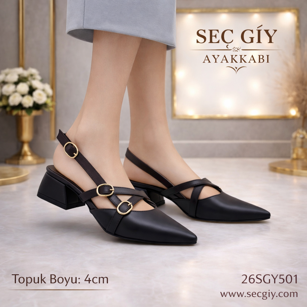 Koyu Kahverengi Çift Bantlı Sivri Burun 5 cm Kalın Topuklu Kadın Slingback Ayakkabı – Tokalı Klasik Şık Model