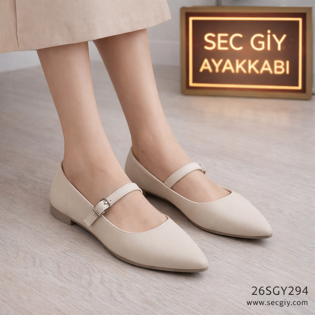 Bej Bantlı Kadın Babet – Günlük Şık ve Rahat Düz Ayakkabı